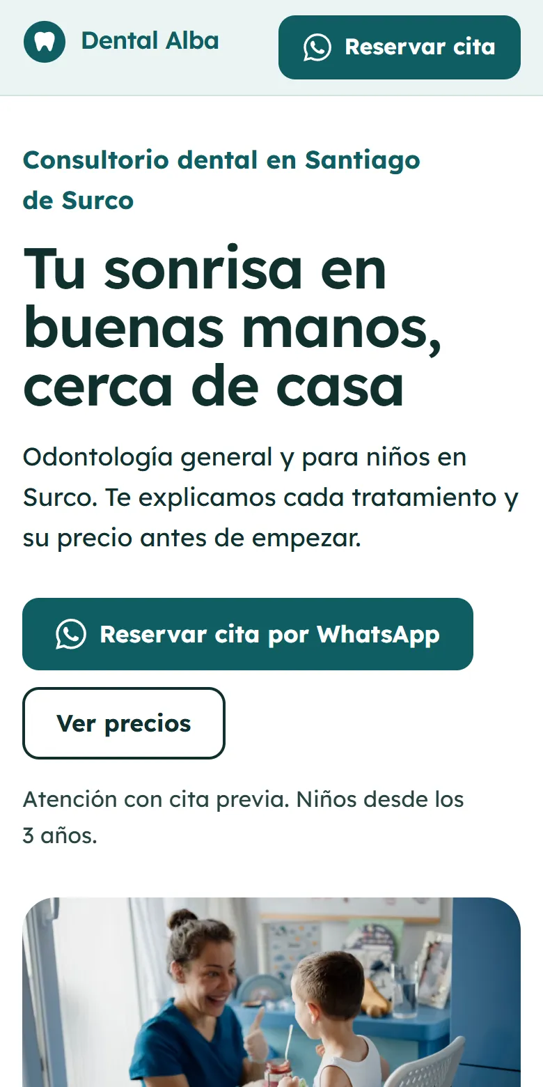 Vista en celular de la página de ejemplo de Dental Alba